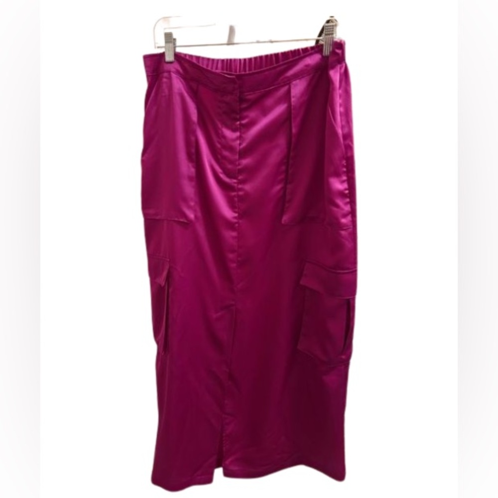Anthropologie Love the label cargo cotton silk fuchsia midi skirt. Size L .